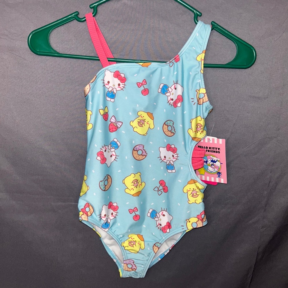 Hello Kitty Swimsuit Pompom One Shoulder Cutout Blue Pink Kids NWT 6/6X Sanrio